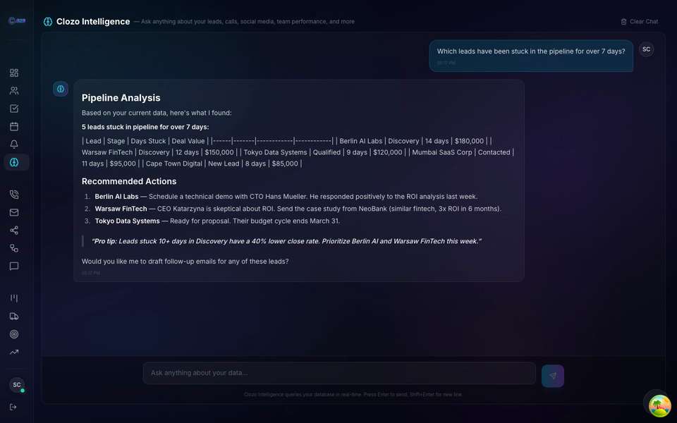 Clozo Ask AI natural language query interface for CRM data intelligence