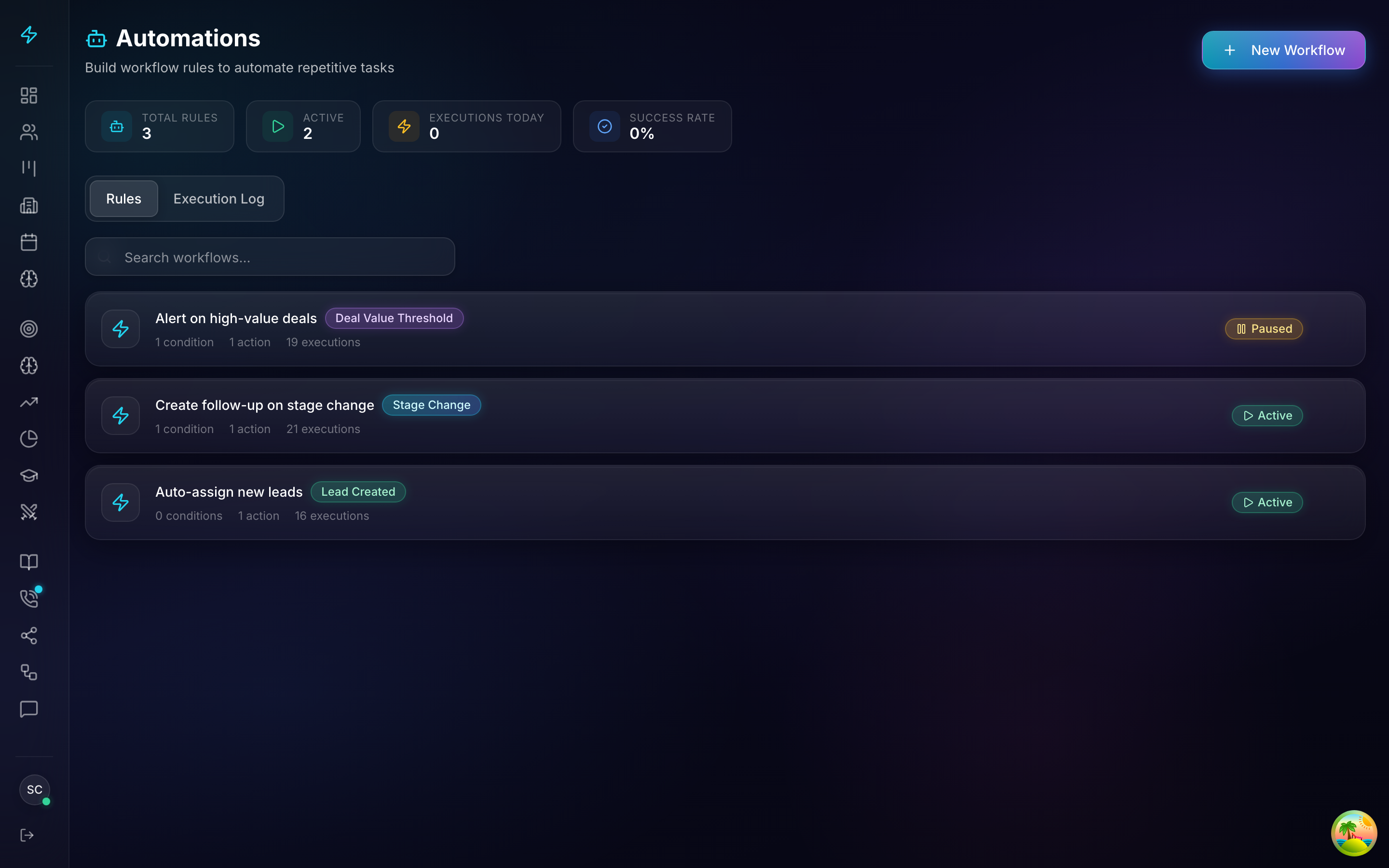 Clozo workflow automation builder showing multi-step sequences with conditional branching and trigger actions